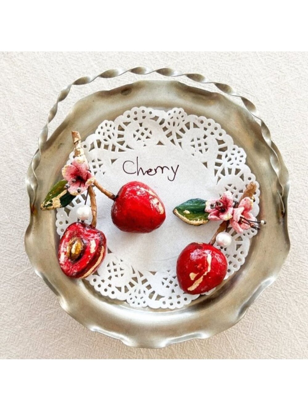 Red Cherry Earrings with Floral Accents